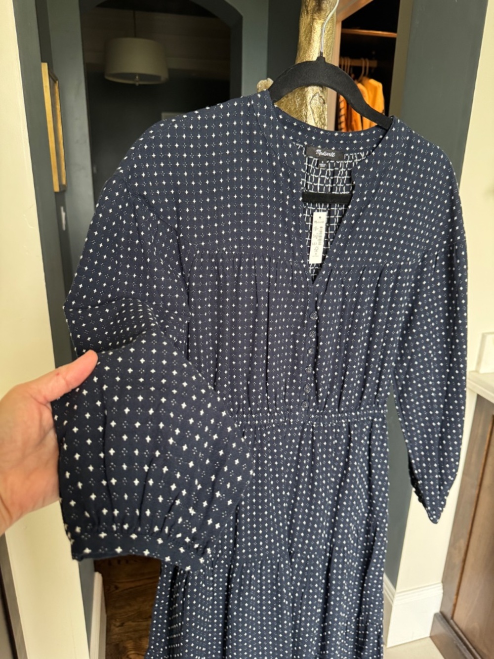 Madewell navy blue long sleeve midi dress with white polka dots - Picture 4 of 6